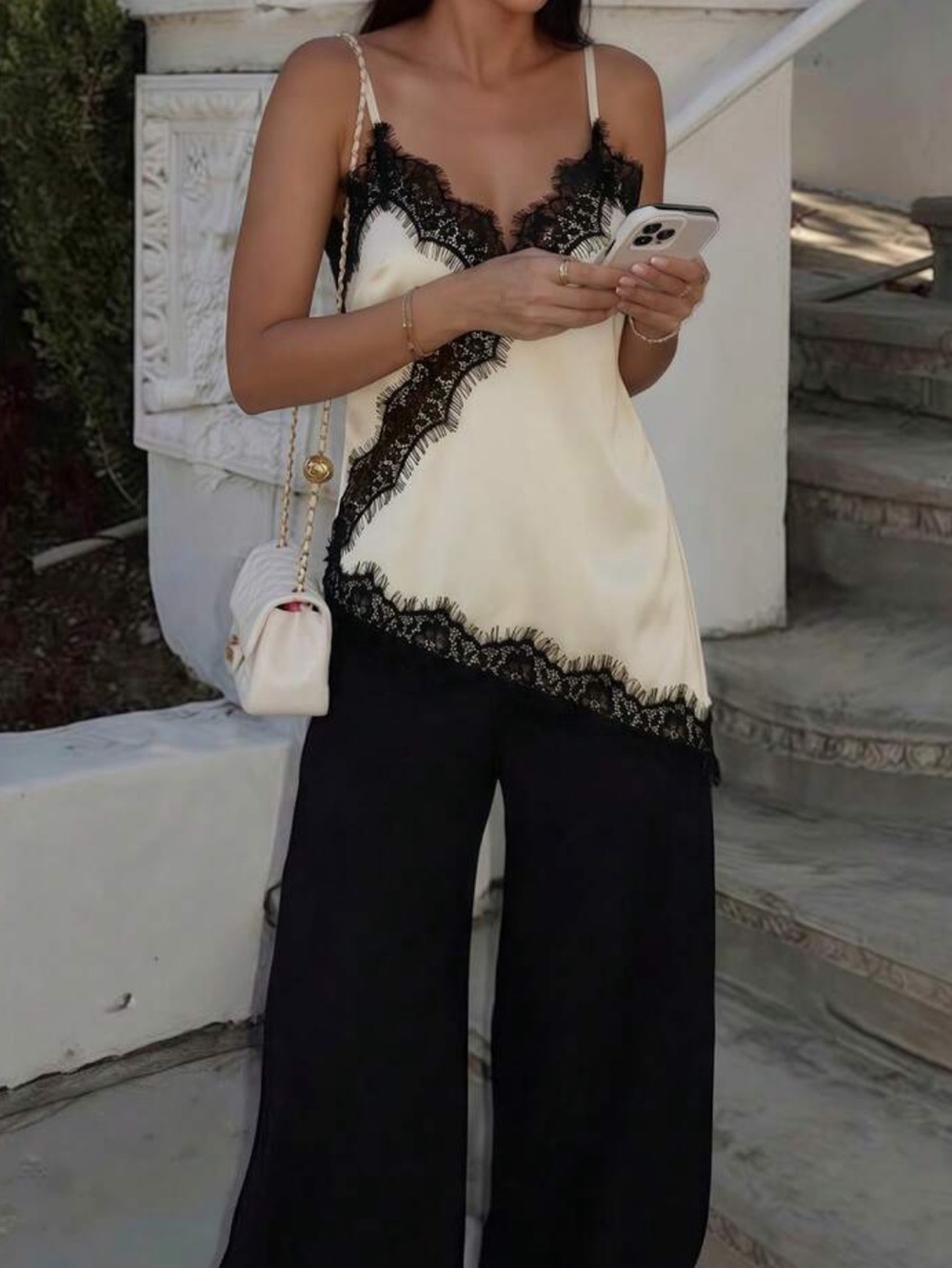 Lace Trim Satin Cami Top - Cream and Black